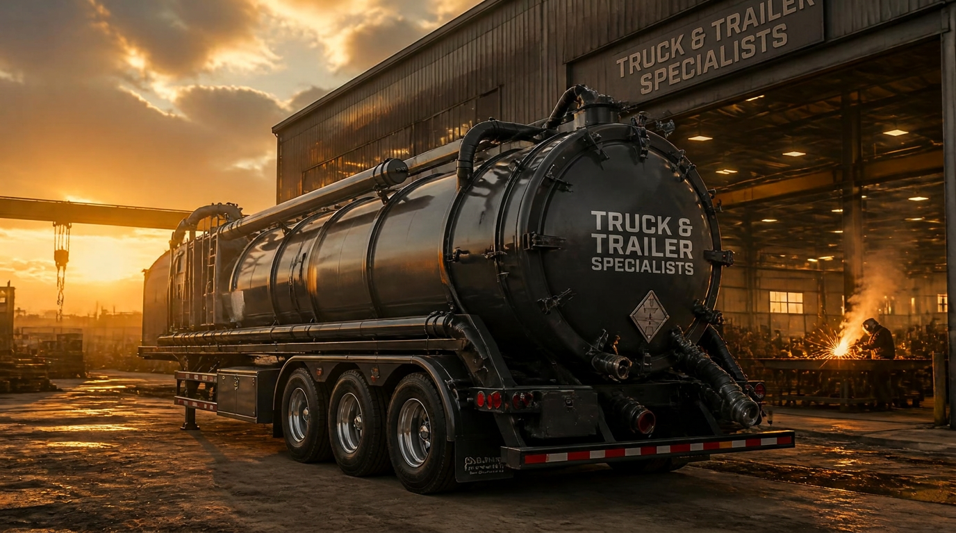 Custom vacuum trailer parked outside a heavy fabrication plant at sunset