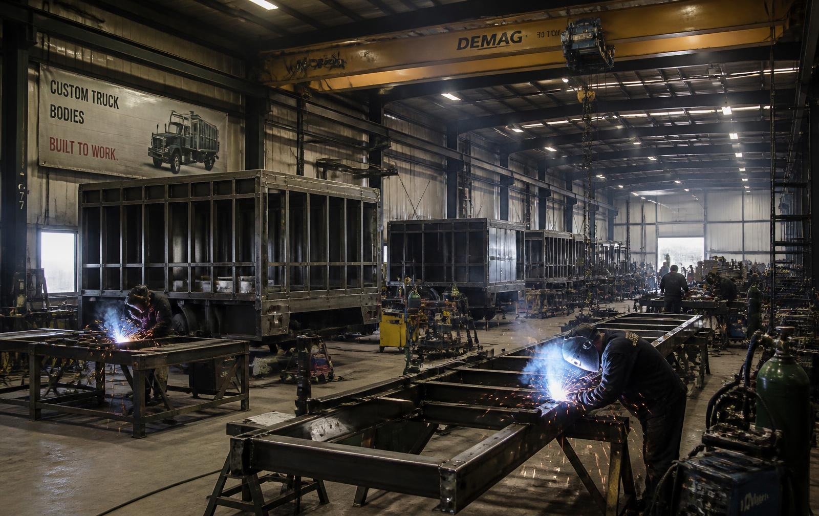 Welders fabricating steel truck body frames inside the plant